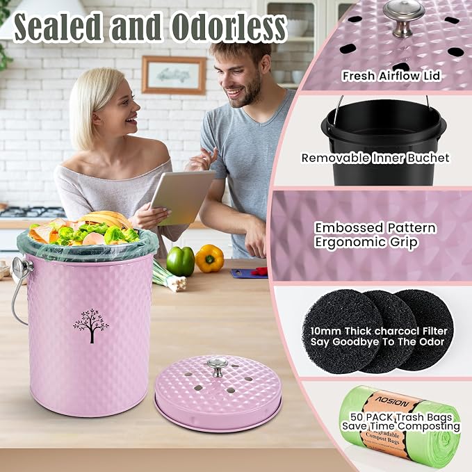 Countertop Compost Bin, Odor-Free Food Waste Container with 50 Bags | 1 Gallon Container,2 Carbon Filters,Compost Bucket, coffee grounds