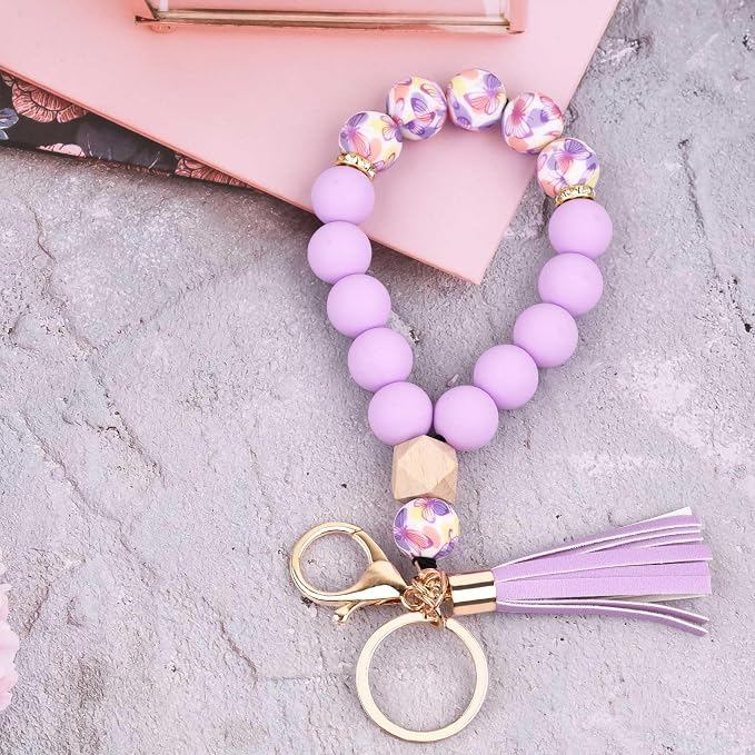 BAOSIWA Silicone Key Ring Bracelet Wristlet Keychain Unique Beaded Bangle Key Chains for Women with Leather Tassel