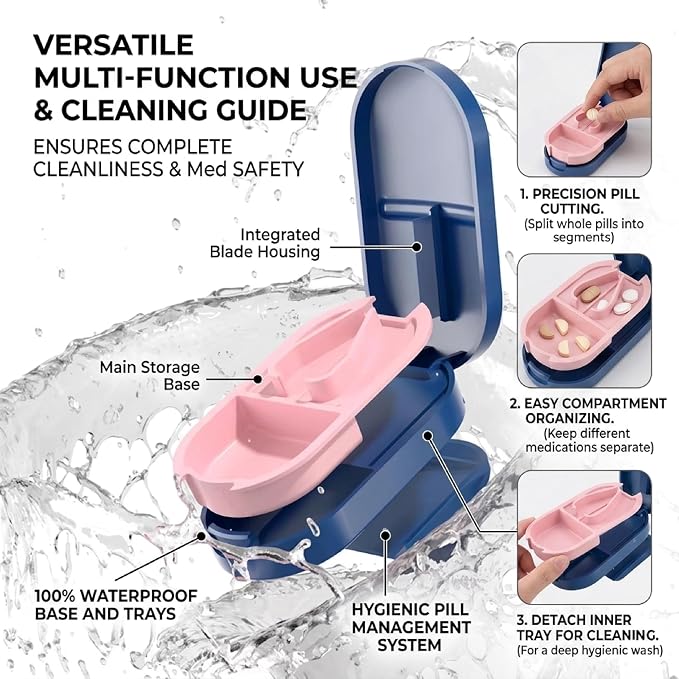 Pill Splitter with Stainless Steel Blade, BPA-Free Pill Cutter, V-Shaped Precision Pill Cutting Device, Portable Travel Pill Divider for Cutting 1/2 1/4 1/8 Small Medium Pills (Blue)