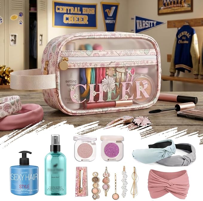 COSHAYSOO Clear CHEER Makeup Bag Cheerleader Team Gifts Cheerleading Hair Skincare Cosmetic Accessories Organizer for College Women Teen Girls, Small Waterproof Travel Pouch for Purses Backpack Tote
