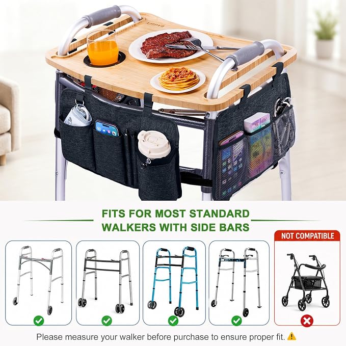 Walker Tray Table with Pockets & Cup Holder for Folding Walkers, Foldable Bamboo Walker Tray for Seniors, Stable Walker Accessories with Raised Edges for Meals, Drinks, Reading &Daily Living