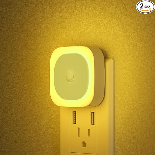 YUNLEX 2 Pack Plug in Night Light with Motion Sensor & Dusk to Dawn Sensor, 3 Sensor Modes, Auto ON/Off, Dimmable, Soft Glow for Living Room, Hallway, Stairs, Bathroom, Golden Yellow