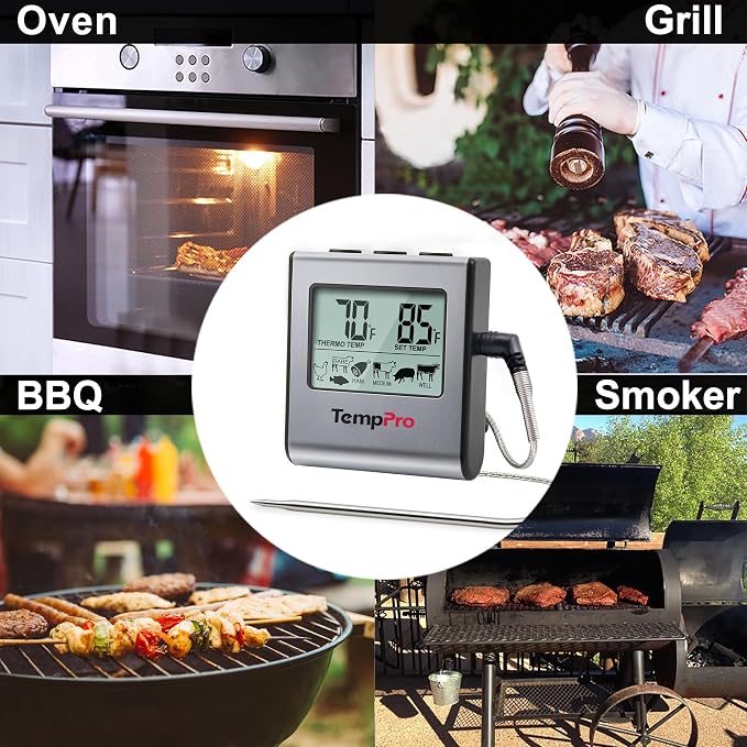 TempPro TempTrack Large LCD Digital Meat Thermometer for Cooking | Kitchen Food Thermometer With Clock Timer, Stainless Steel Temperature Probe for Oven Smoker BBQ Grill(Previously ThermoPro)