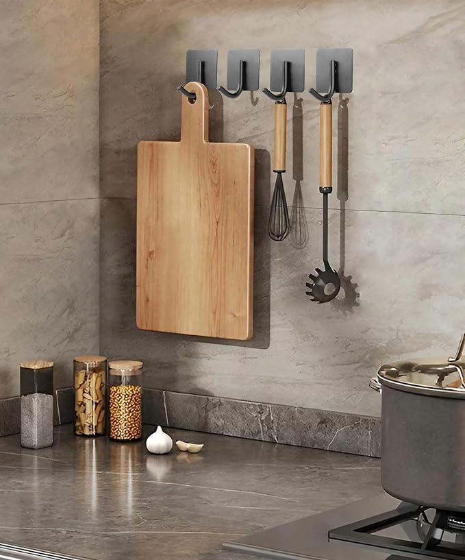 xdgeLoad Adhesive Hooks, 4 Pack Towel Hooks Wall Hooks for Hanging, Stick on Hooks, Adhesive Towel Hooks for Bathroom Door Hanger Kitchen Closet Cabinet Stainless Steel-Matte Dark Gray