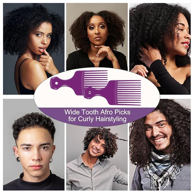 SIMPOR Hair Pick Comb Wide Tooth Lift for Hair Styling Detangling, Plastic Afro Pick for Women Men, Fist Picks for Curly and Afro Hair (Purple)