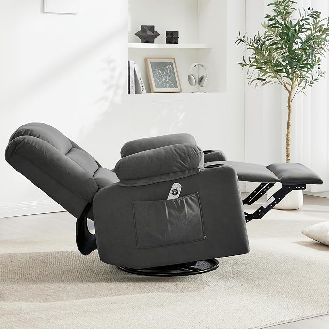 Ketaiyou Swivel Rocker Recliner Chair for Adults with Massage and Heat, Cup Holders and Side Pockets, Glider Rocking Reclining Single Sofa Chair for Living Room (Grey2)