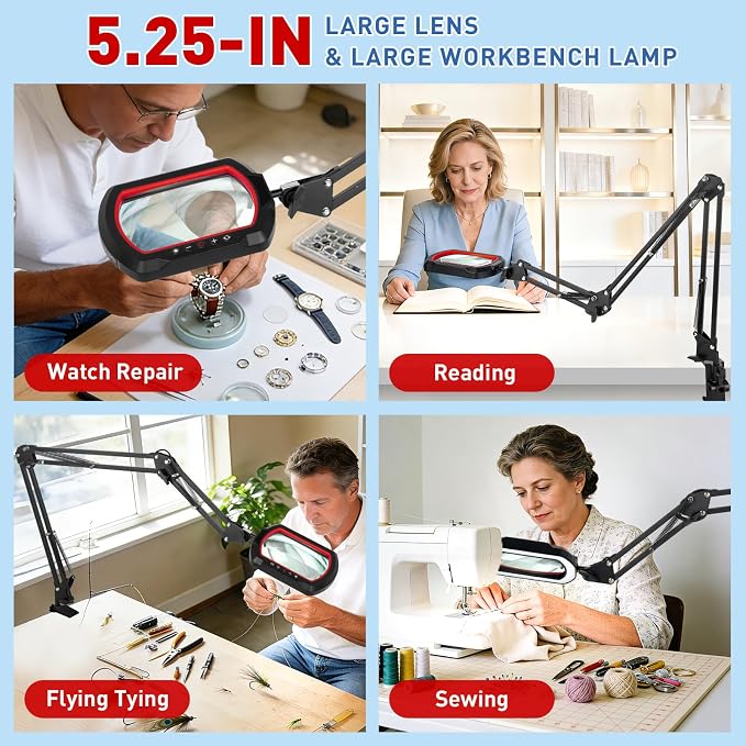 HITTI 12X Square Ultra Long Magnifying Glass with Light and Clamp | Hands Free Lighted Magnifier Stand, 5 Colors & Stepless Dimming LED Desk Lamp for Workbench, Repair, Crafting, Painting-Red