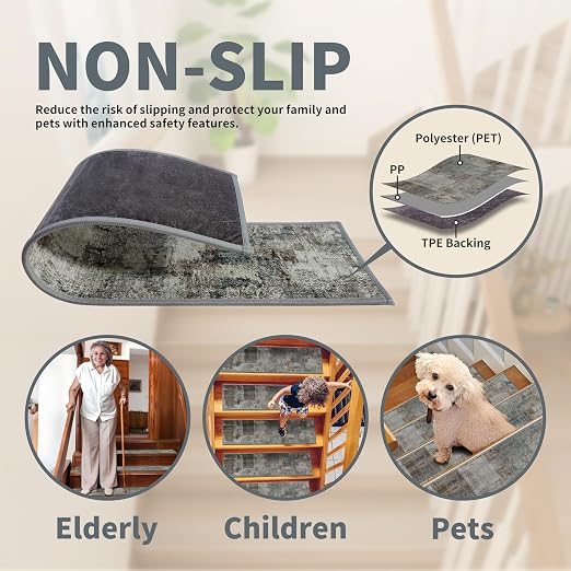 Non Slip Stair Treads for Wooden Steps, 15 Pack 8"x30" Washable Carpet | 8x30 in soft chenille polyester stair treads with reusable TPE backing for indoor wood stairs, dogs, kids, and seniors
