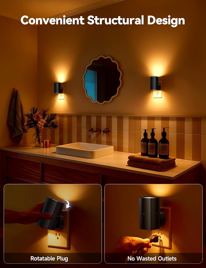 Brightown 2 Pack White Night Lights with Rotating Plug, Amber | Modern Night Light with Rotating Plug, Dusk to Dawn Sensor, 0-100LM Stepless Dimming Night Light for Hallway Bedroom Bathroom