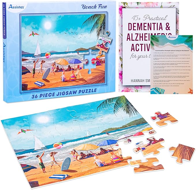 Assistex Large Piece Jigsaw Puzzle for Seniors with Dementia with Conversation Prompts, Large Piece Memory Game for Adults, Elderly, and Dementia Patients – Beach Puzzle, 36 pcs