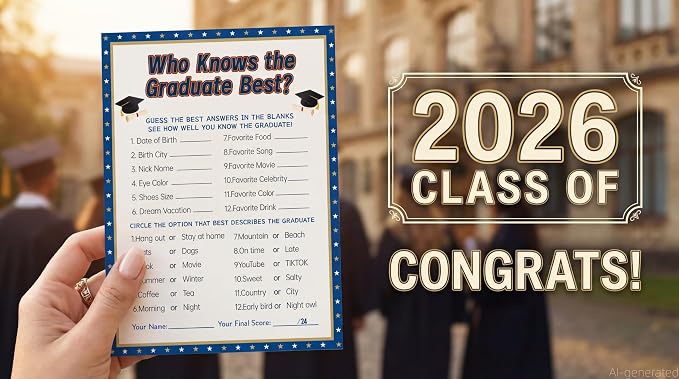 30PCS 2026 Graduation Party Game Cards, Who Knows The Graduate Best Game, Senior High School & College Graduation Party Favors-MG01