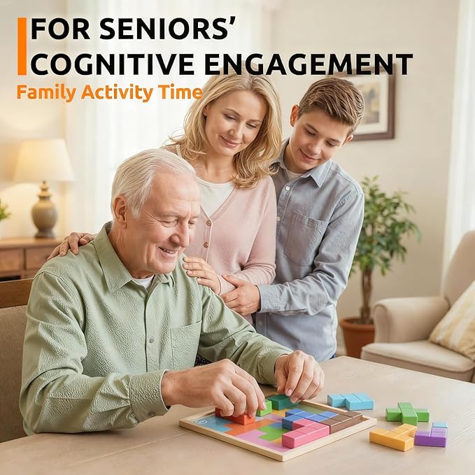 Wooden Tile Matching Memory Game for Dementia Seniors & Elderly Adults – 40 Double-Sided Templates + Felt Divider Storage Bag – Alzheimer’s Activity Toy, Retirement-Home Activity Game Kit