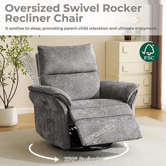 Oversized Power Recliner Chair Swivel Glider with Massage and Heat, Rocker Nursery Recliner for Adults with Adjustable Headrest, 24" Extra Wide Nursery Chair with Overstuffed Armrest, Dark Grey