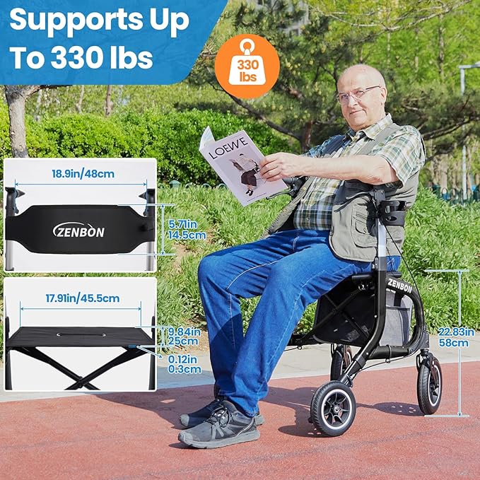 Rollator Walker for Seniors/Adults Foldable Rolling Walker with Seat 330 lbs Capacity 10 inch Wheels Hand Grips Adjustable Height Lightweight Durable Aluminum Walker Removable Back Support (Black)