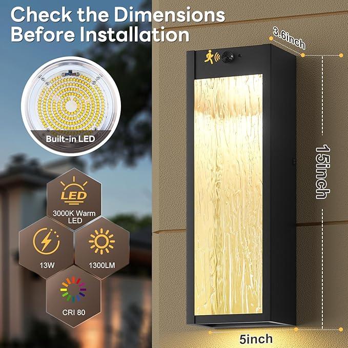 2 Pack LED Outdoor Wall Light 15in Dusk to Dawn Black Porch Light | Motion Sensor, 3 Lighting Modes, Water Ripple, Exterior Lighting Fixtures, Outside Lights Anti-rust for House Garage