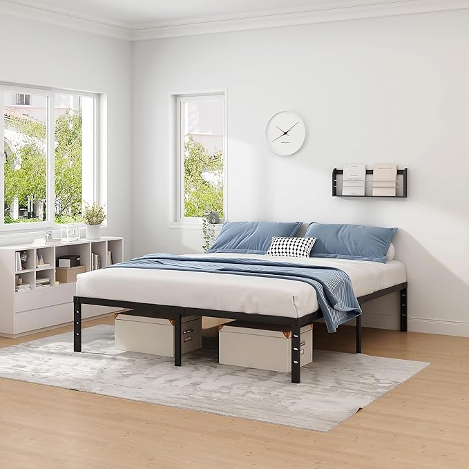 NEW JETO Metal Bed Frame,Queen Size Bed Frame with Storage Space,14 Inch | Heavy Duty Sturdy Mattress Foundation,Easy Assembly,No Box Spring Needed, Black
