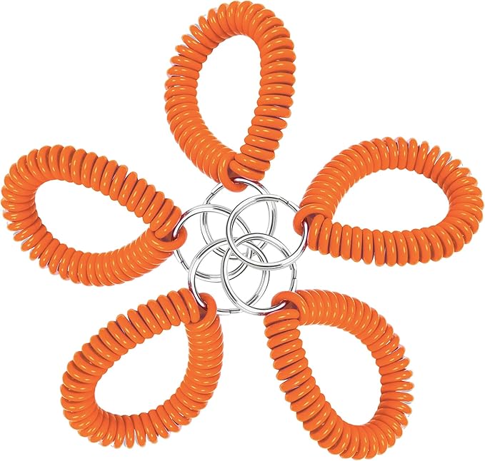 Lucky Line 2” Spiral Wrist Coil with Steel Key Ring, Flexible Wrist Band Key Chain Bracelet, Stretches To 12”, Orange, 5 Pack (4105005)