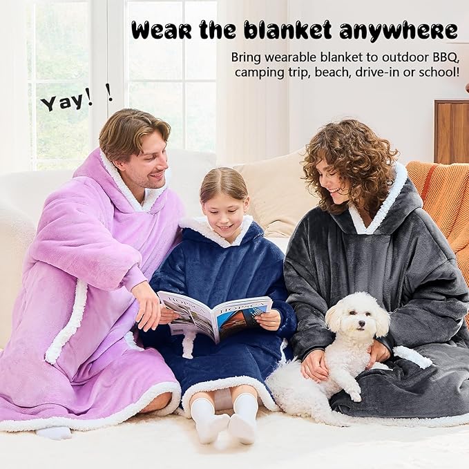 JOYWOO Navy Kids Wearable Blanket Hoodie, Oversized Cat lovers Hoodie Blanket for kids & Teens,Birthday Gifts for Girl Boys,Warm Cozy Fuzzy Sherpa Fleece Sweatshirt Blankets with Giant Pocket Gifts