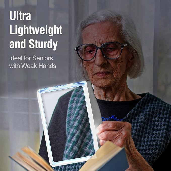 MagniPros 5X [Rechargeable] Large Ultra Bright LED Page Magnifier with Anti-Glare Lens & 3 Stepless Color Light Modes to Relieve Eye Strain-Ideal for Reading Small Prints, Low Vision and Seniors
