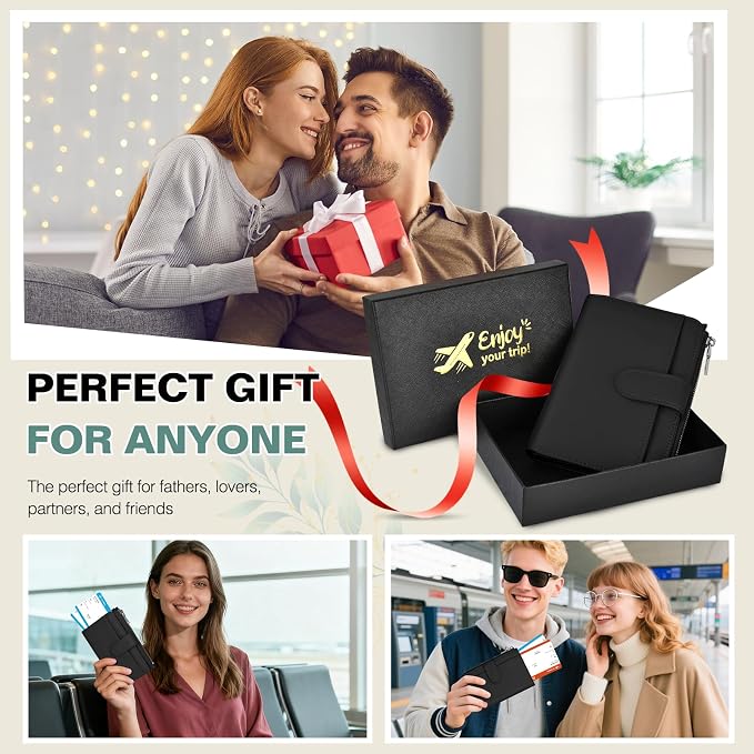RFID Passport Holder for Travel, Leather Passport Wallet Cover with Airtag | with Airtag Slot, Card Cash Holders, Zippered Coins Pocket, for Women/Men, Gift Box, Travel Essentials, 4.1"L x 1"W x 6.3"H