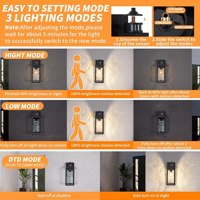 2 Pack Updated Dusk to Dawn Motion Sensor Outdoor Wall Light | Matte Black, Anti-Rust Aluminum, Waterproof, Water-Rippled Glass,Outdoor Wall Sconce for Porch, House,Garage & front door