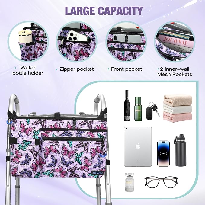 ZHCHG Walker Bag with Cup Holder, Walker Accessories for Seniors Detachable, Foldable Walker Basket with Big Capacity, Best Gift- Purple (Not Fit Rollator Walkers)