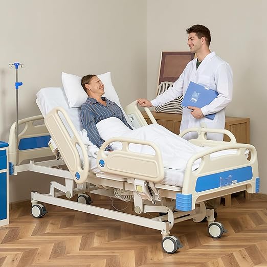 ELENKER Full Electric Hospital Bed for Home Use, ICU Medical Bed, Premium 5 Function Hospital ICU Bed with Remote Control, IV Pole, Mattress, 5-Inch Lockable Quiet Casters, Includes Sheets (2X)