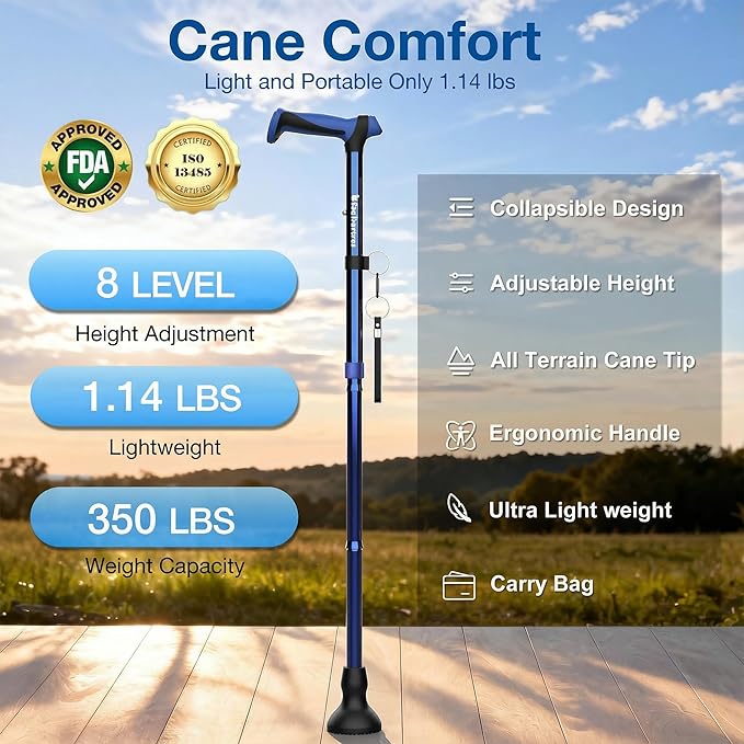 Walking Cane for Men & Women,Foldable,Adjustable,Self Standing Cane with Wrist Strap&Tag,350lbs Heavy Duty,All Terrain,Collapsible Walking Sticks for Seniors & Adults,Blue