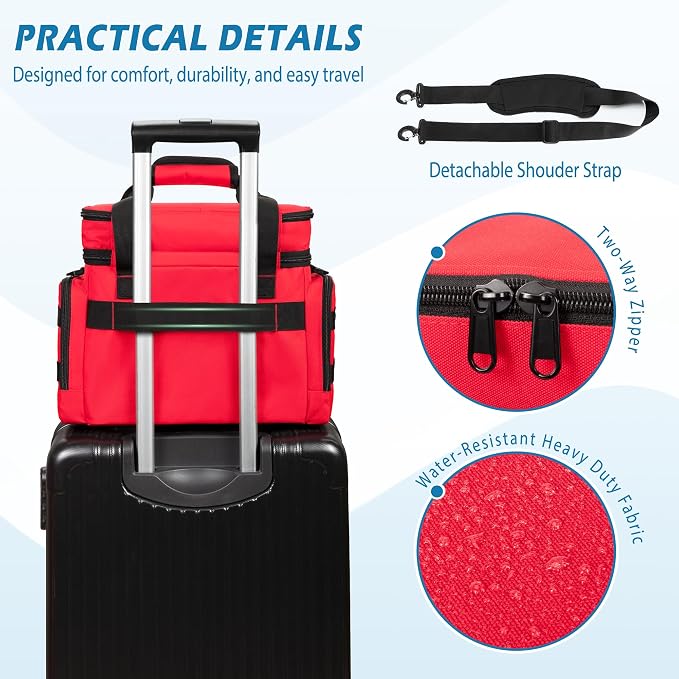 Marscamd Medicine Organizer Bag with Insulated Pocket, Red (Bag Only) | Pill Bottle Storage Bag with 4 Customized Dividers & Shoulder Strap for Medication, Insulin and First Aid Supplies