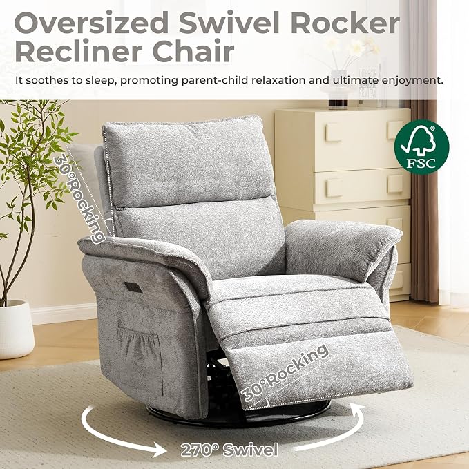 Oversized Power Recliner Chair Swivel Glider with Massage and Heat, Rocker Nursery Recliner for Adults with Adjustable Headrest, 24" Extra Wide Nursery Chair with Overstuffed Armrest,Light Grey