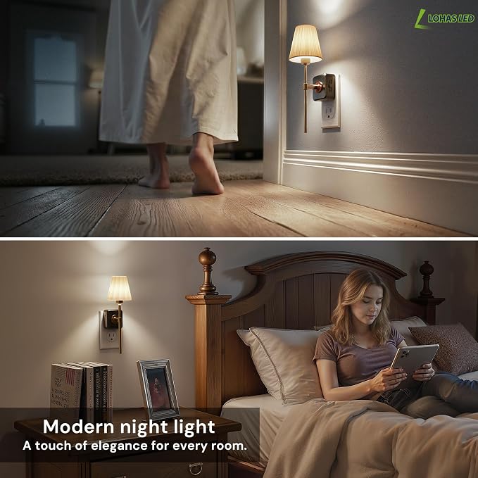 L LOHAS LED Night Lights Plug into Wall, Pleated Fabric Cover Night Light | 2 Pack 5000K Daylight with 0-100LM Dimmable Night-light, Dusk to Dawn Sensor Vintage Nightlight for Bedroom Living Room