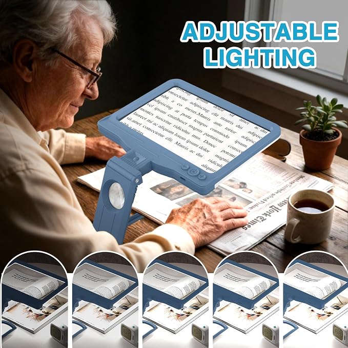 30X 6X Rechargeable Magnifying Glass for Reading, Large Full Page Magnifier with Folding Stand, 3 Color Light Modes, Dimmable LED Lighted, Hands Free Book Magnifier for Low Vision Seniors, Blue