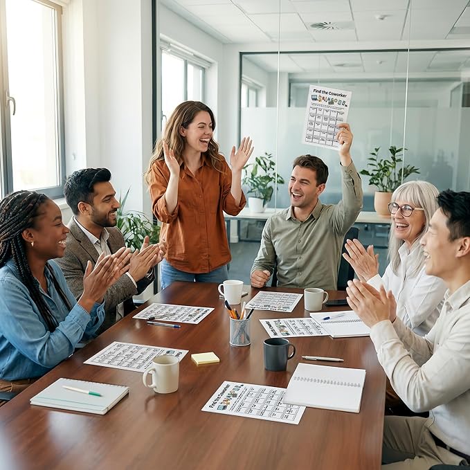 Team Building Games for Work Adults – Find Someone Who Bingo Game, 25 Unique Human Bingo Cards 5x7 Inch, Ice Breaker & Office Games for Parties, Meetings & Events - A04