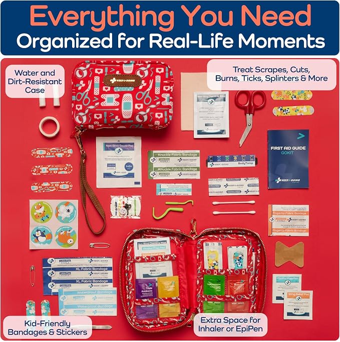 KeepGoing Travel First Aid Kit for Kids – 130 Pc. for Car, Home, Purse, Diaper Bag & Backpack with Latex-Free Bandages - Mini First Aid Kit Travel Size TSA-Approved