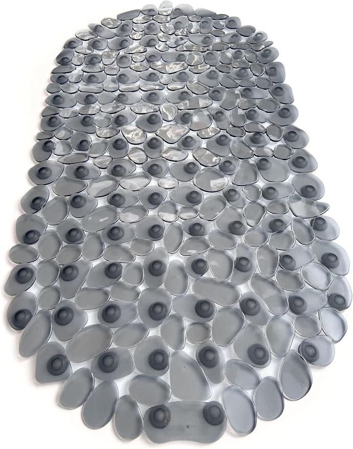 “Pebbles” Non-Slip Bathtub & Shower Mat 27”x14” Oval - Non-Toxic - Safe, Clean, Machine-Washable, Superior Grip & Drainage, Vinyl, for Smooth Floors ONLY, Transparent Gray