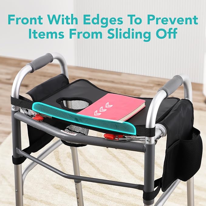 Hook-On Walker Tray, Cup Holder & Tool Free Quick Assembly, Non Slip Mobility Table for Seniors, Multi Functional Removable Tray, Portable Multipurpose Walker Accessories