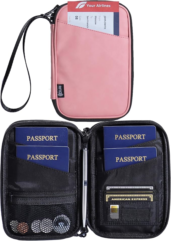 Lagre Family Passport Holder for 4, Pink | Multiple Passport Bag, RFID Blocking, Waterproof with Zipper, For Women & Men