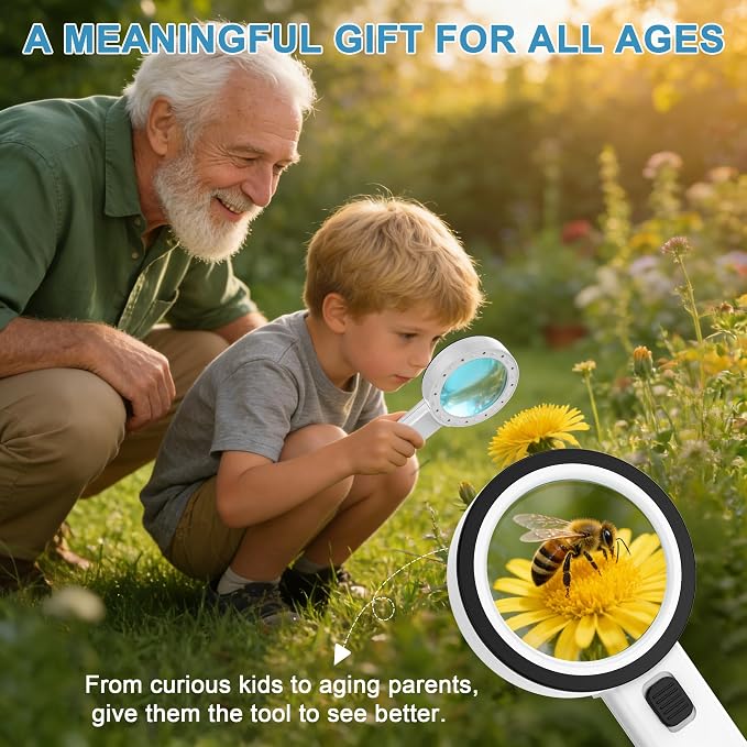 Nazano Magnifying Glass with 12 LED Lights for Senior Reading, 10X | Ultra-clear Handheld Reading Magnifier for Seniors, Macular Degeneration, Close Work, Coins & Pill Bottles