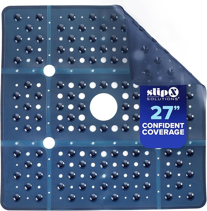 SlipX Solutions 27" Oversize Square Shower Mat, Non-Slip Mat for Elderly & Kids, 100+ Power Grip Suction Cups for Smooth Surfaces, Machine Washable, Navy