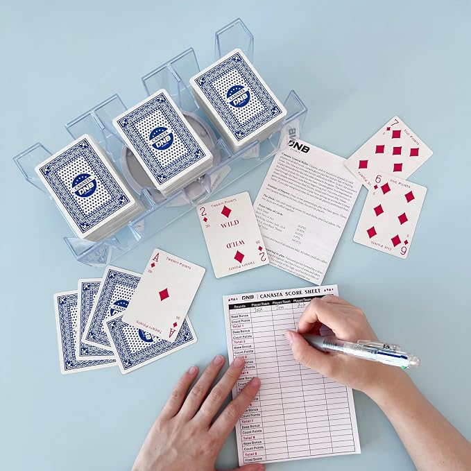 DNB Canasta Card Game Set - Includes 9 Decks of Blue Scored Playing Cards a Revolving Card Tray 50-Page Score Pad and Game Instructions