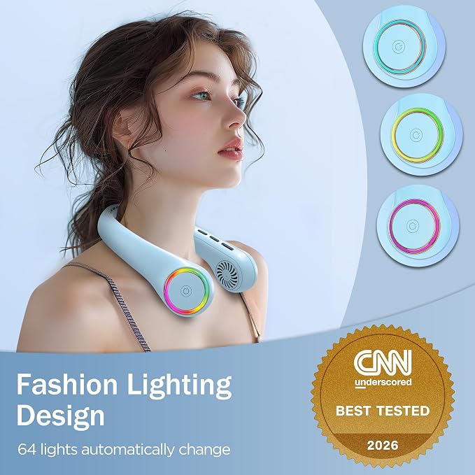 GULAKI Portable Neck Fan, Personal Fan with 4000mAh Battery, Rechargeable Neck Fan with 3 Speeds and 64 Cool Lights, Birthday Gifts for Men Women Mom Dad, Hands Free Cooling fan for Summer(Blue)