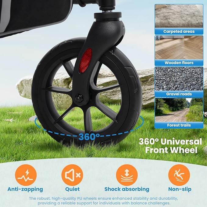 Rollator Walker for Seniors/Adults Foldable Rolling Walker with Seat 330 lbs Capacity 4 Big 8 inch Wheels Hand Grips Adjustable Height Lightweight Aluminum Walker Removable Back Support 7209(Black)