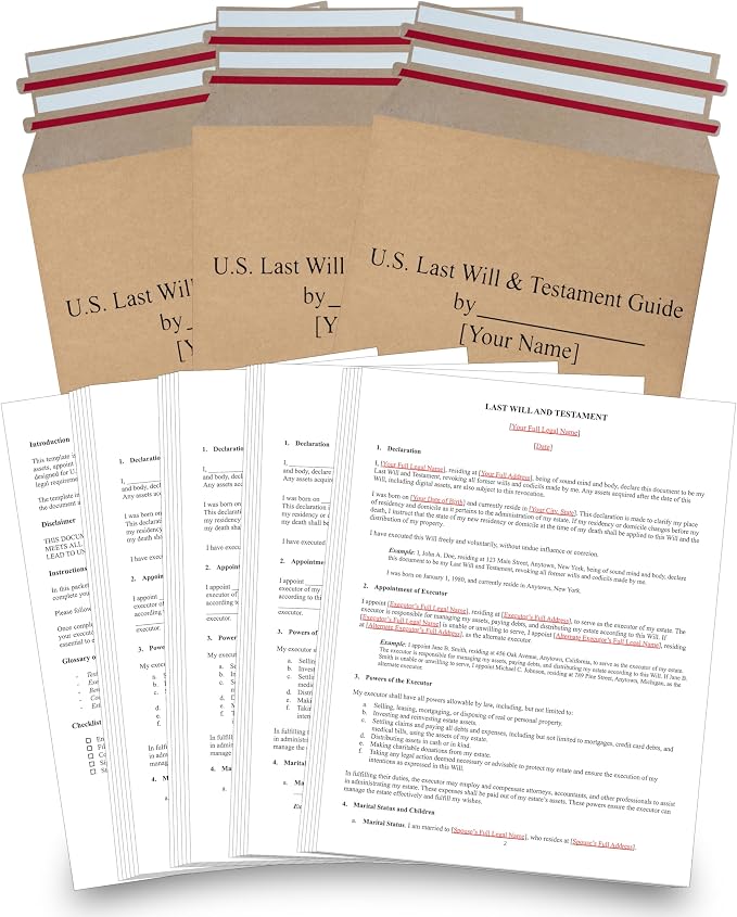 2026 Last Will and Testament Kit (3-Pack) – DIY Estate Planning Forms, Lawyer-Prepared Templates with Instructions & Security Envelopes – Valid in All 50 States