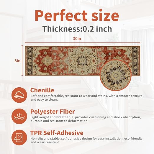 Non Slip Stair Treads for Wooden Steps, 4 Pack 8"x30" Washable Carpet | 8x30 in soft chenille polyester stair treads with reusable TPE backing for indoor wood stairs, dogs, kids, and seniors