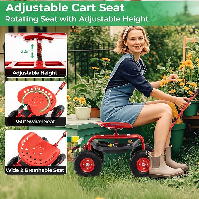 Garden Seat with Wheels, Rolling Stool with Extendable Handle, Storage Basket & Tool Tray, Garden Scooter with 360 Degree Swivel Seat for Outdoor & Yard (Red)