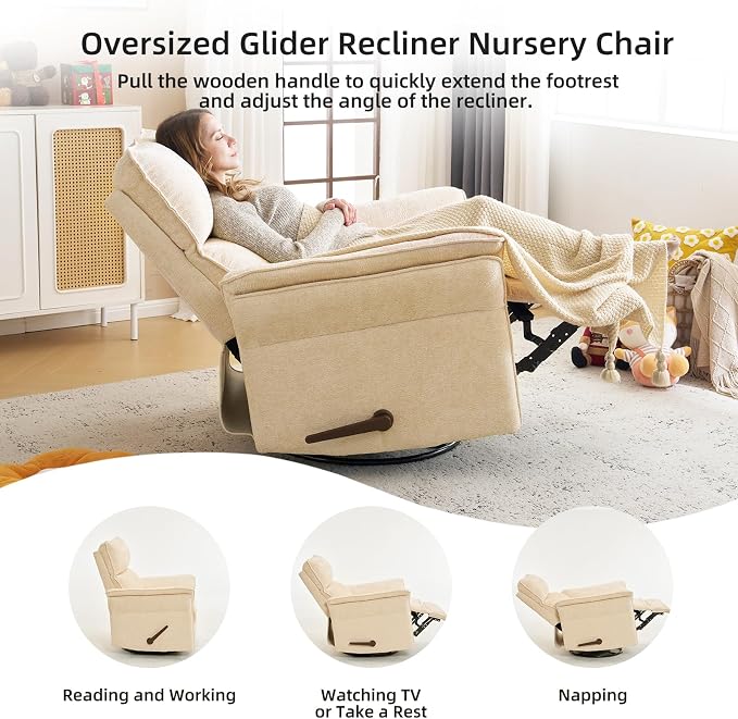 Oversized Recliner Chair, 24" Extra Wide 360° Swivel Rocker Recliner with Adjustable Headrest, Chenille Glider Rocking Nursery Chair with Overstuffed Armrest, Lumbar Support, Beige