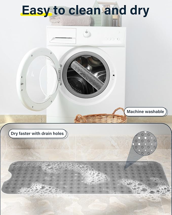 Non Slip Bathtub Mat for Tub & Shower, Machine Washable 40"x16" Anti Slip Bath Mat with 2 Hooks, Soft & Comfortable and Extra Large for Families, Clear Grey