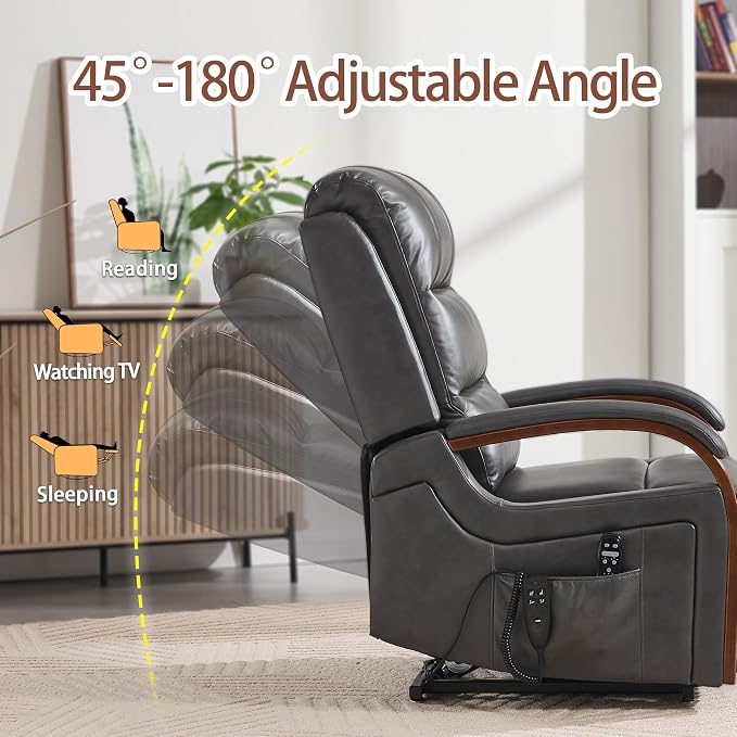 Power Lift Recliner Chair for Elderly People, Dual Motor Lift Chair with Vibration Massage and Heat, Lay Flat Recliner with Solid Wood Armrest, Standing Assistance Reclining, Faux Leather Dark Gray