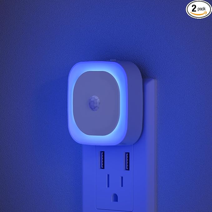 2 Pack Plug in Night Light with Motion Sensor & Dusk to Dawn Sensor, 3 Sensor Modes, Blue Night Lights Plug into Wall, Dimmable Nightlight for Bathroom, Bedroom, Indoor