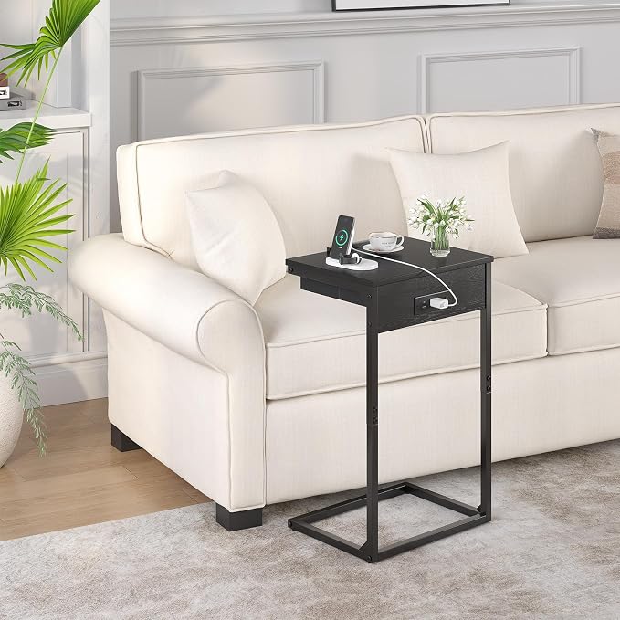 sthmec C Shaped End Table with Charging Station, 45° Tiltable Adjustable Flip Top Side Table with Storage,Small C Table for Small Spaces,Slide Under Couch Sofa Bedside Table for Living Room, Black